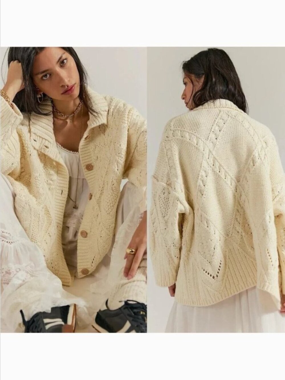 Free People "Heart you" Oversized Cardigan, Ivory size L (fits like an XL) NWOT